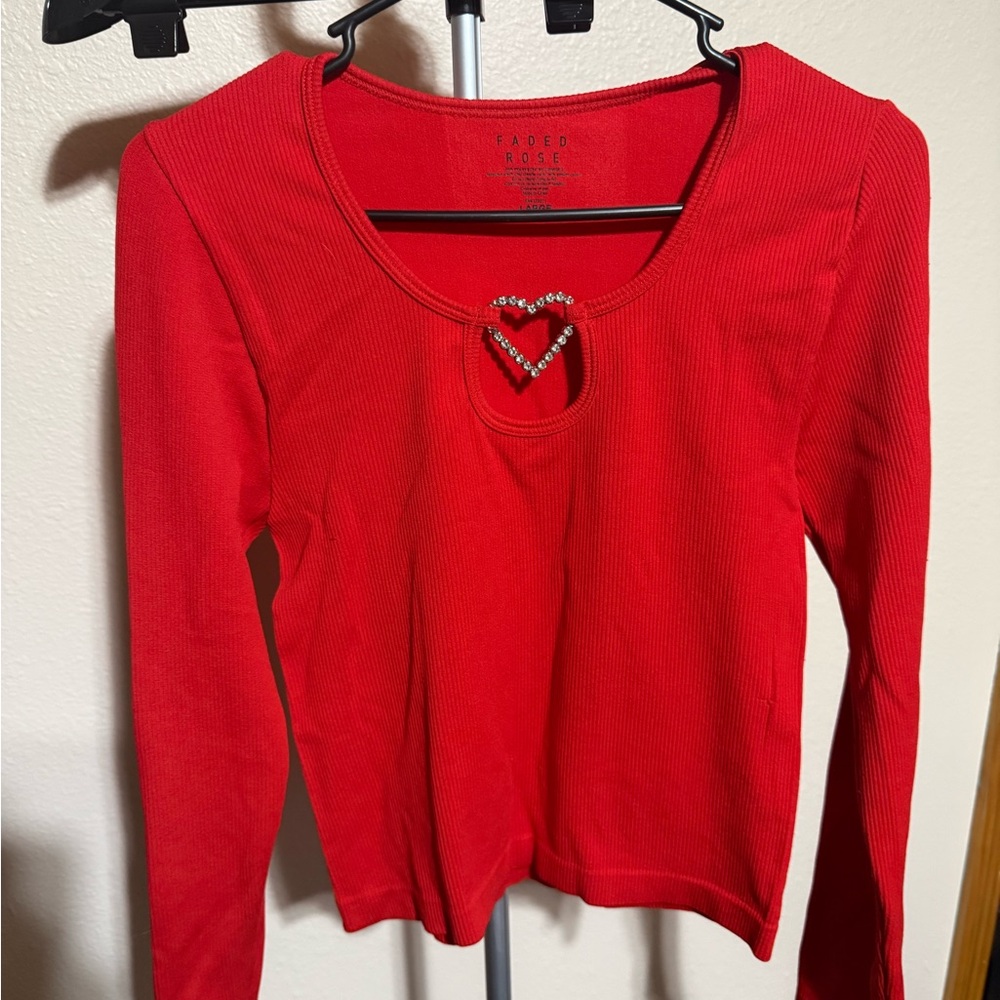 Faded Rose Red Long Sleeve Top with Heart Detail‎